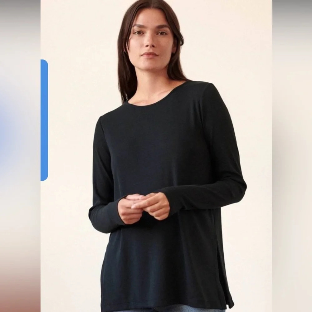 WHITE + WARREN Black Cotton Stretch Ribbed Side Slit Tunic, Women’s Size Medium
